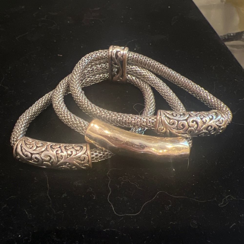 Boho Silver Mesh Stretch Bracelets Ornate Scrollwork Gold Accent 3 Strand